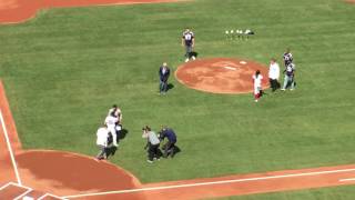 Rob Gronkowski steals Tom Brady jersey makes Brady scramble during Fenway Park home opener [upl. by Obidiah]