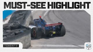 Linus Lundqvist piles into Turn 8 tire barrier at Toronto  INDYCAR [upl. by Ekard]