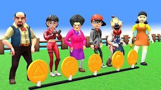 Scary Teacher 3D vs Squid Game Bowling Water Bottle and Honeycomb Candy Shapes 5 Times Challenge [upl. by Ecirtemed]