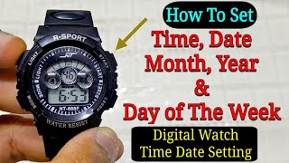 How To Set Time Day amp Date On 4 Buttons Digital Sport Watch  Time Setting [upl. by Johnsson]