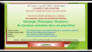 Cours C4070 en Cycle 4  Génotype Phénotypes Mutations  de nouveaux caractères dans une pop [upl. by Assilim782]