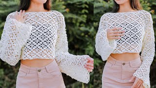 Crochet Floral Lace Sweater Tutorial  Crochet Floral Lace Blouse  Chenda DIY [upl. by Annayt]