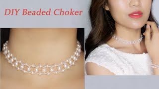 Easy DIY Pearl and Crystal Beading Choker Necklace with Lace Texture  DIY Handmade Jewelry Tutorial [upl. by Maletta]