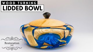 Woodturning  Lidded Bowl from Random OffCuts amp Blue Epoxy Resin 4K  Restoration DIY [upl. by Walworth]