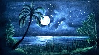 Oil Pastel Landscape Painting on Black Paper  Beautiful Scenery with Full Moon and Sea [upl. by Rennold221]