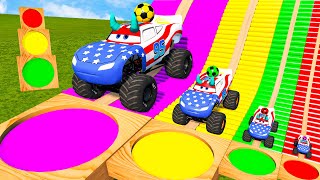 4 MONSTER TRUCKS vs Big amp Small Lightning Mcqueen vs Slide Colors with Thomas Trains  BeamNGDrive [upl. by Juli]