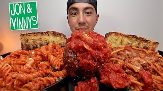 MUKBANG EATING JON AND VINNYS CHEESY SPAGHETTI BOLOGNESE SPICY FUSILLI MEATBALLS WITH SAUCE ASMR [upl. by Etteraj]