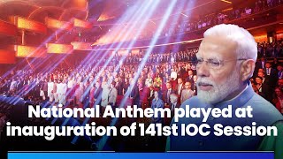 PM Narendra Modi during the National Anthem  141st IOC Session  Jio World Centre Mumbai [upl. by Ellehc]