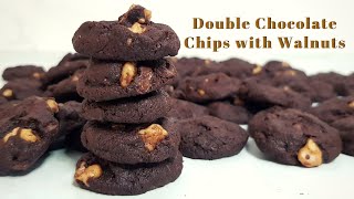 Double Chocolate Chip Cookies with Walnuts  For Dark Chocolate Chip Lovers  Eggless Cookies [upl. by Alage422]