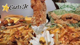 MUKBANG EATING WINGSTOP SAUCY VOODOO FRIES GARLIC PARMESAN CHICKEN CARLS JR EL DIABLO BURGER ASMR [upl. by Mulac]