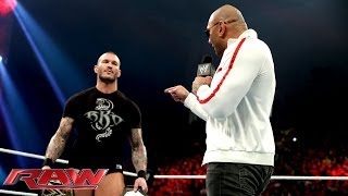 Batista returns and declares hes after Randy Ortons WWE World Heavyweight Title Raw Jan 20 201 [upl. by Brogle]