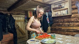 Cozy night with my wife in a wooden house in the cold Off grid cabin [upl. by Farwell]