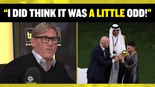 A LITTLE ODD 🤔🏆 Simon Jordan reacts to Lionel Messi lifting the 2022 World Cup trophy in a bisht [upl. by Adiol]