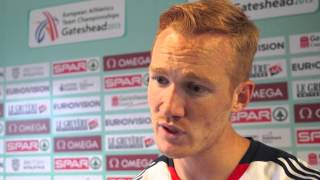 Greg Rutherford GBR after third place in long jump at Gateshead 2013 [upl. by Auqinet378]