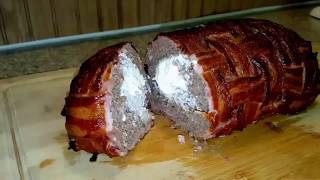 Applewood smoked jalapeno cream cheese stuffed bacon wrapped meatloaf on the 18 12quot Weber Kettle [upl. by Eduard]