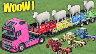 TRANSPORT OF COLORS  Sheeps On Low Trailer With Mini Tractors and TRUCKS  Farming Simulator 22 [upl. by Nwahsir]