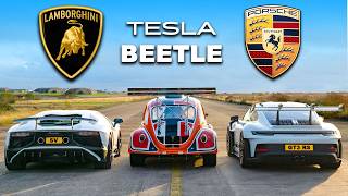 911 GT3 RS v Lambo V12 vs Tesla Beetle DRAG RACE [upl. by Nyrmak]