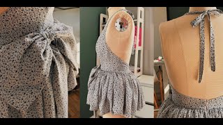 Balloon Peplum Top Open back with Ties  How to sew  Step by step vidoe tutorial [upl. by Alyos]