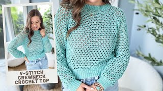 VStitch Crewneck Crochet Top  TopDown Seamless Crochet Light Summer Top [upl. by Nairrot]