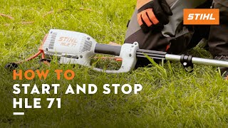 STIHL HLE 71 ꘡ How to start amp stop electric longreach hedge trimmer  Instruction [upl. by Nolram]