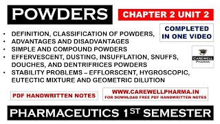 Powders complete  Chapter 2 Unit 2  Pharmaceutics 1 b pharmacy 1 semester  Carewell Pharma [upl. by Artimid]