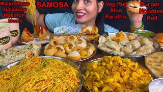 Eating Spiciest🔥 Macaroni Momo Golgappe Malai Chaap Veg Roll Noodles Aloo Paratha Burger [upl. by Aivatan]