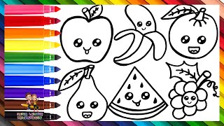 Zeichnen und Ausmalen von niedlichen Früchten 🍎🍌🍊🍐🍇🍉🌈 Zeichnungen für Kinder [upl. by Rizika]