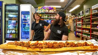 WIN 50 CASH IF YOU CAN FINISH THIS GIANT MEATBALL SUB IN CHICAGO  BeardMeatsFood [upl. by Nava]