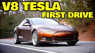 The worlds first V8 powered Tesla hits the road [upl. by Nolava]