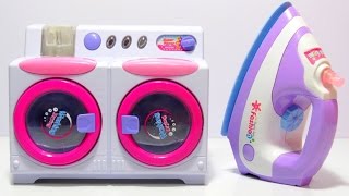 Twin Tub Toy Washing Machine with Iron Laundry Playset Unboxing and Review [upl. by Nauqyaj]