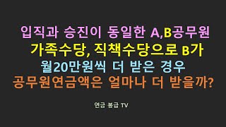 입직과 승진이 동일한 AB공무원 가족수당 및 직책수당으로 월 20만원씩 B가 더 받는 경우 공무원연금액은 얼마나 더 받을까 [upl. by Akciret]