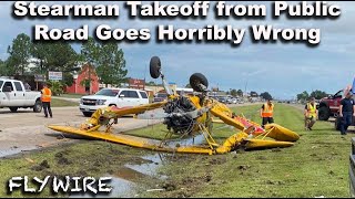 Stearman Takeoff from a Public Road goes Horribly Wrong [upl. by Ganny]