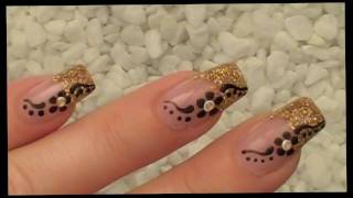 NailArt Design Tutorial  gold glitzer  schwarz  weiss  flower [upl. by Artair]