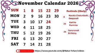 November Calendar 2026  novembercalender2026 [upl. by Crosse]