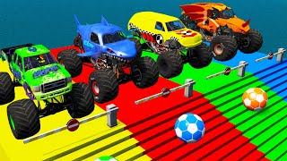 5 MONSTER TRUCKS vs Big amp Small Lightning Mcqueen vs Slide Colors with Thomas Trains  BeamNGDrive [upl. by Nallid]