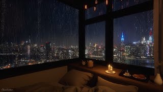 Cozy Bedroom With A Night View Of New York In Heavy Rain  Rain Sounds Rain On Window [upl. by Carrie]