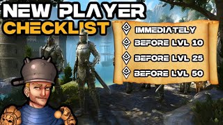 ESO New Player Checklist  Milestone Guide Things to do immediately and before levels 102550 [upl. by Dinan114]