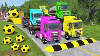 Double Flatbed Trailer Truck vs Speedbumps Train vs Cars  Tractor vs Train BeamngDrive 0106 [upl. by Marga]