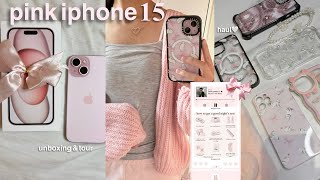 pink iphone 15🎀 aesthetic unboxing accessories  whats on my phone [upl. by Hamner]