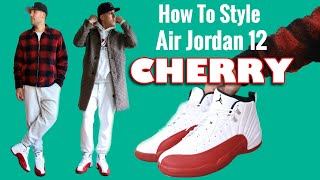 How To Style Air Jordan 12 quotCherryquot Sneakers On Feet With Outfits [upl. by Richia]