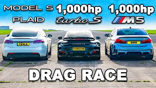 1000hp M5 v 1000hp 911 Turbo v Model S Plaid DRAG RACE [upl. by Onilecram680]