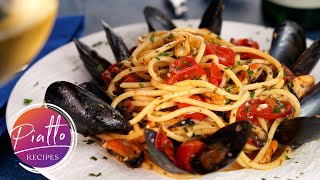 Seafood Pasta Recipe  SPAGHETTI with MUSSELS White Wine and Tomatoes [upl. by Goraud]