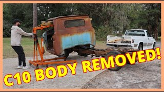 C10 BODY REMOVED 1966 CHEVY C10 PROJECT  EP8 C10Tahoe Frame SwapCar Restoration [upl. by Otnicaj]