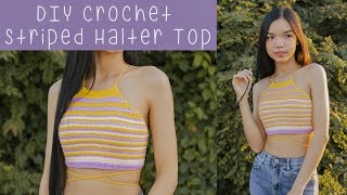 DIY Crochet Striped Halter Top  Halter Top Crochet Tutorials  Chenda DIY [upl. by Ahsenev]