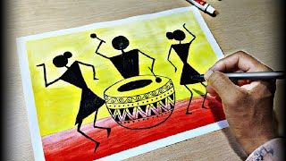 How to draw warli art work with water color  step by step for beginners  SNJUART [upl. by Aridaj995]