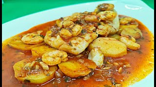 FILETES DE GALLINETA AL CAVA CON GAMBAS Y PATATAS RECETA FACIL SENCILLA RAPIDA DELICIOSA DE PESCADO [upl. by Ethan]