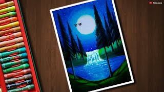 Moonlight Waterfall scenery drawing for beginners with Oil Pastels  step by step [upl. by Anuahsal]