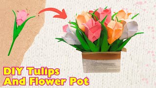 TULIP PAPER FLOWER AND POT VASE 🌷｜DIY Paper Flower｜Flower Vase｜Flower Making With Paper｜Room Decor [upl. by Vernita]