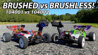 Brushless vs Brushed WLToys 104002 vs WLToys 104001 110 4WD High Speed RC Cars [upl. by Nimsaj]