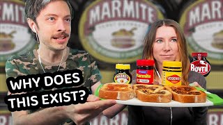 MARMITE VS VEGEMITE TASTE TEST americans try Marmite UK Marmite NZ Vegemite and Bovril [upl. by Irelav]